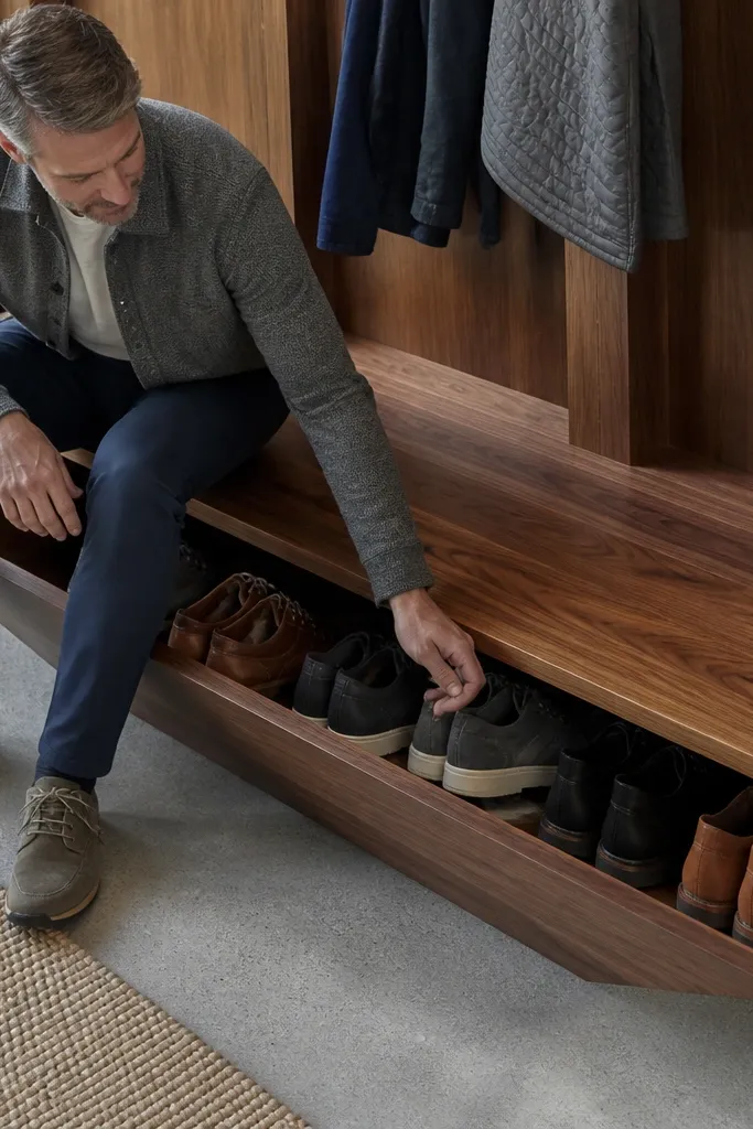 Bench with walnut veneer seat and a lift-out bin for shoes