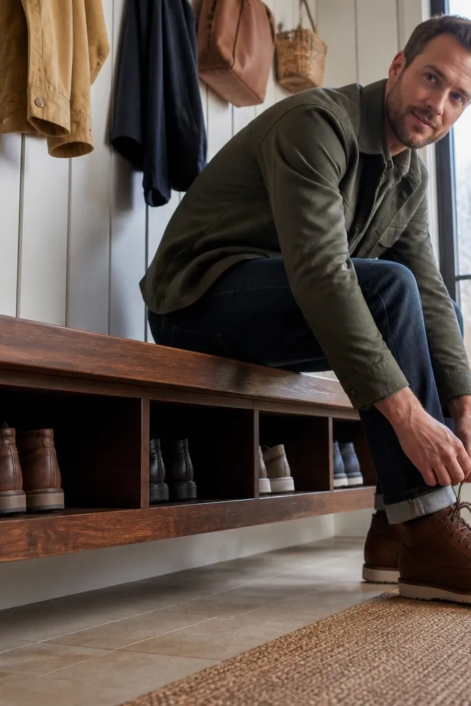 Bench that looks floating with hidden brackets and toe rails under the seat