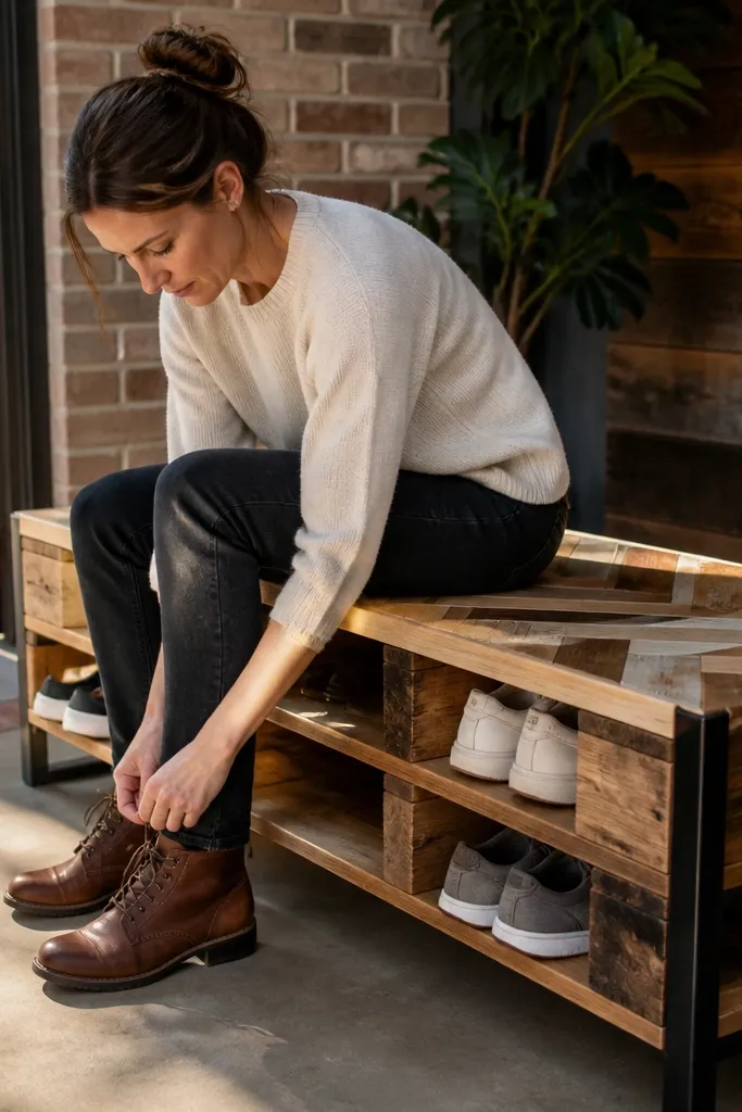 Pallet-wood bench with herringbone seat top and steel legs