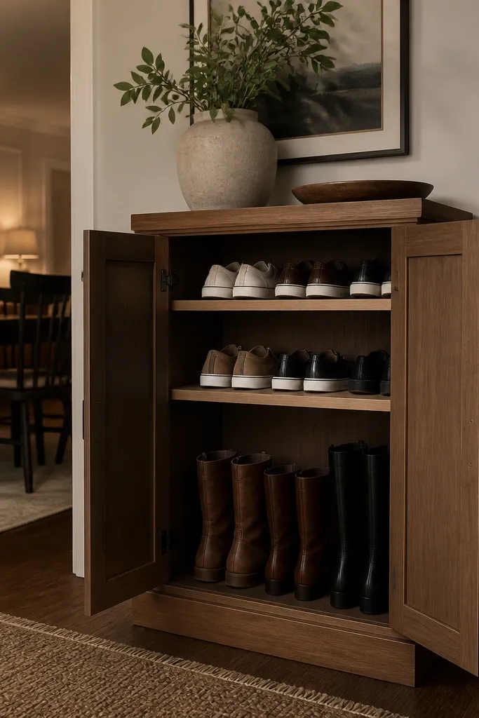 White shaker cabinet with two doors and inset panels over hidden shoe shelves