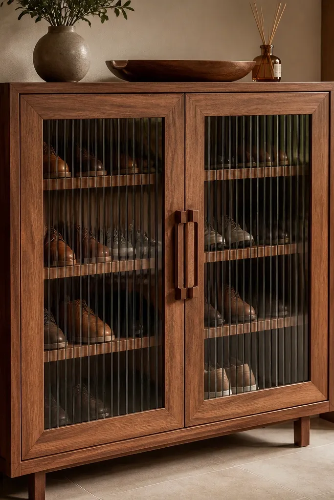 Dark walnut cabinet with glass doors and vertical slats over shoe compartments
