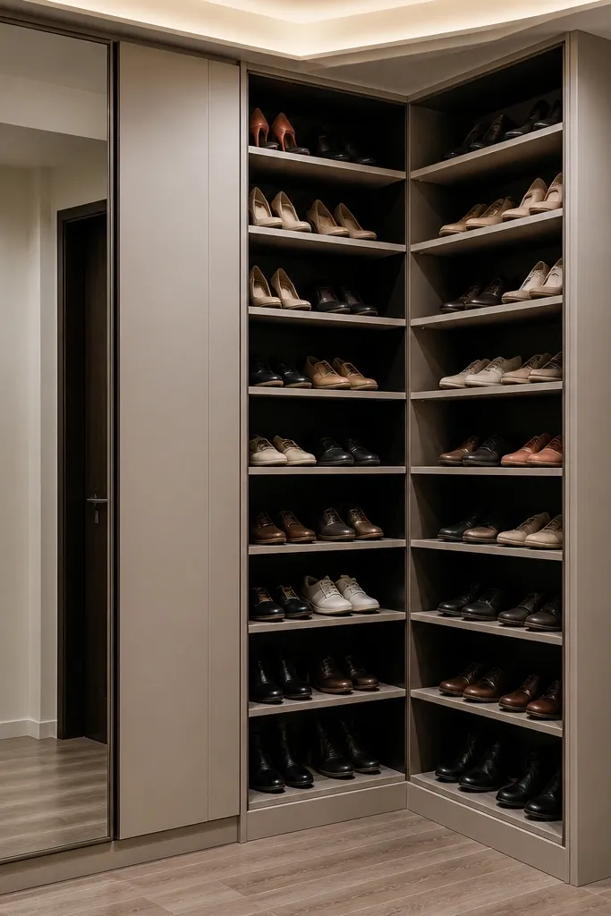 Corner cabinet with angled shoe bays and a mirrored panel on the side