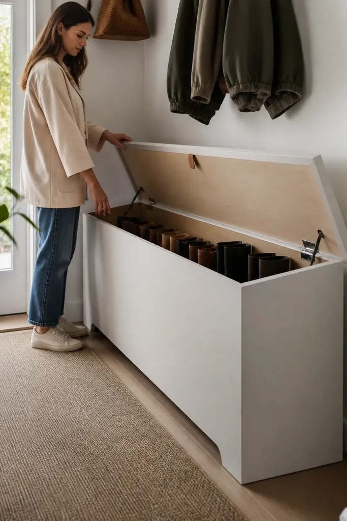 Tall cabinet with a lift-up top lid hiding shoe storage inside