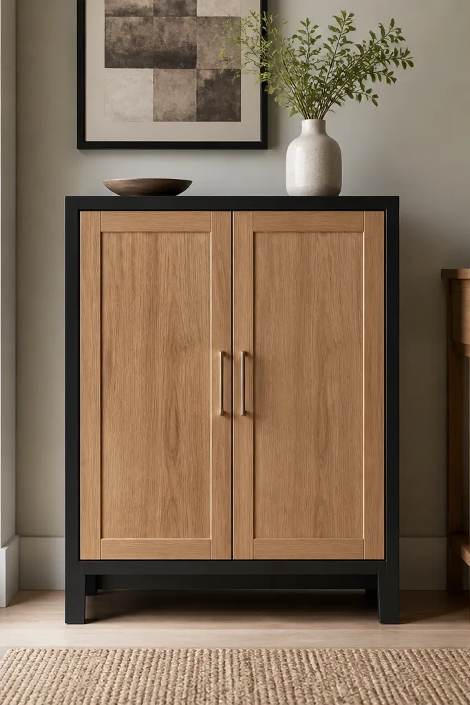 Black-framed cabinet with oak doors and hidden shoe shelves