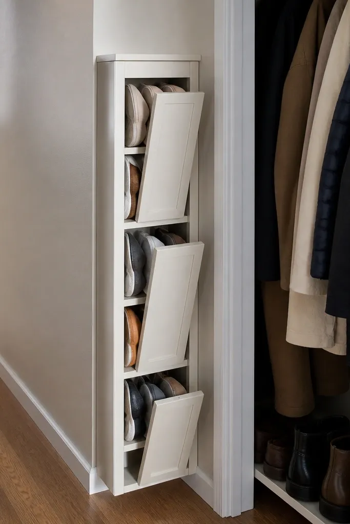 Narrow 6-inch cabinet with flip-down doors hiding stacked shoes