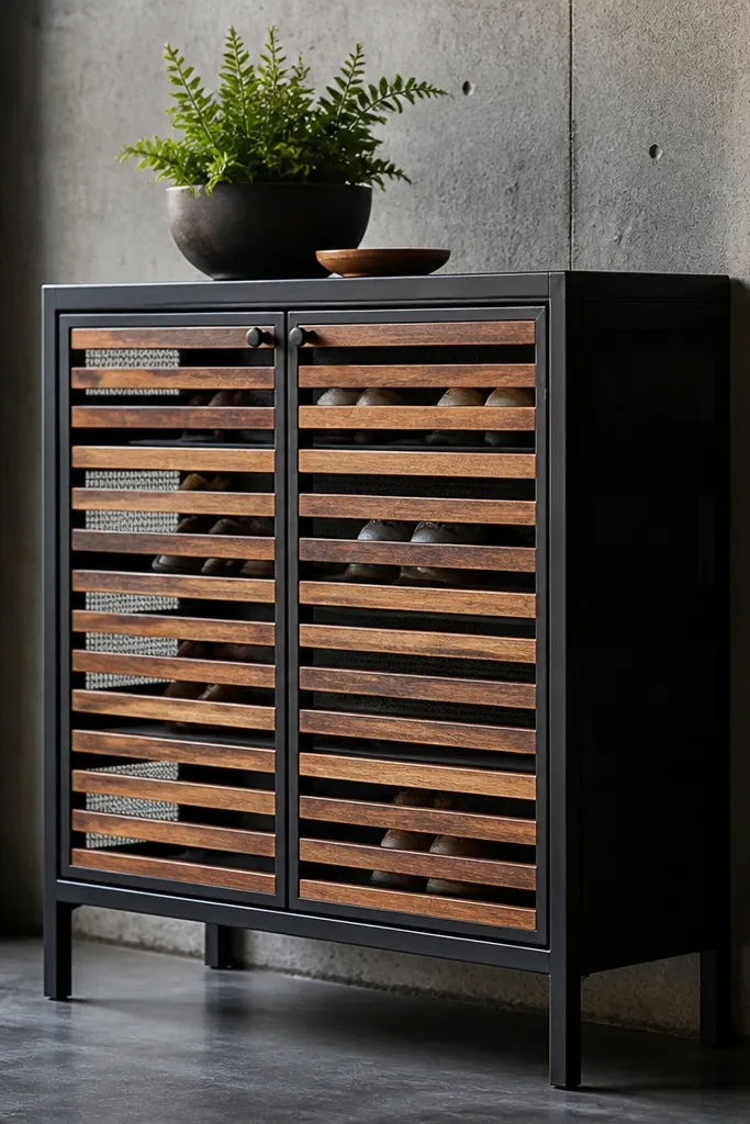 Black steel frame cabinet with wood slat doors hiding shoe compartments