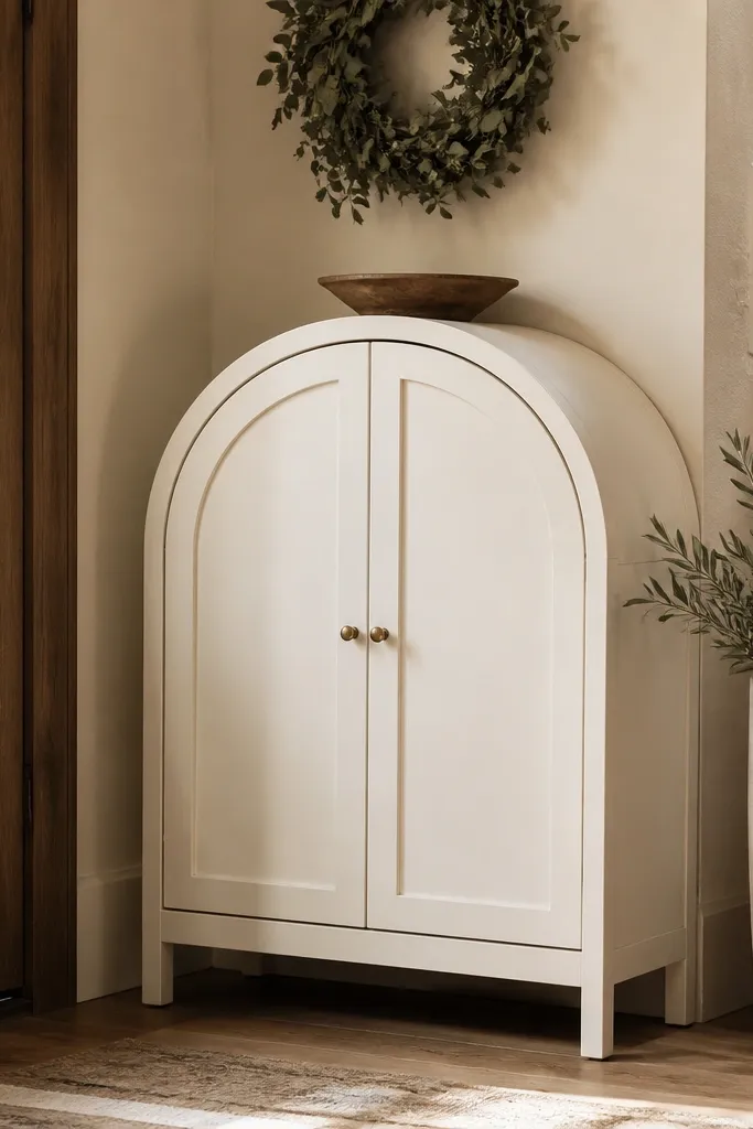 Cabinet with an arched top and curved doors hiding shoe shelves