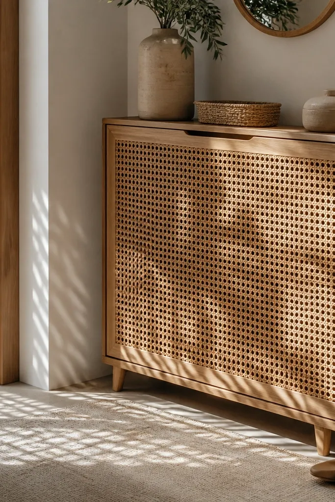 Rattan-style front panel covering a cabinet with shoe storage behind doors