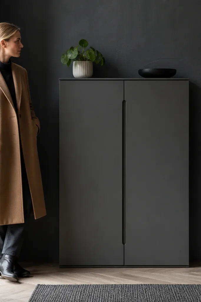 Matte gray cabinet with a vertical handle track and hidden shoe shelves