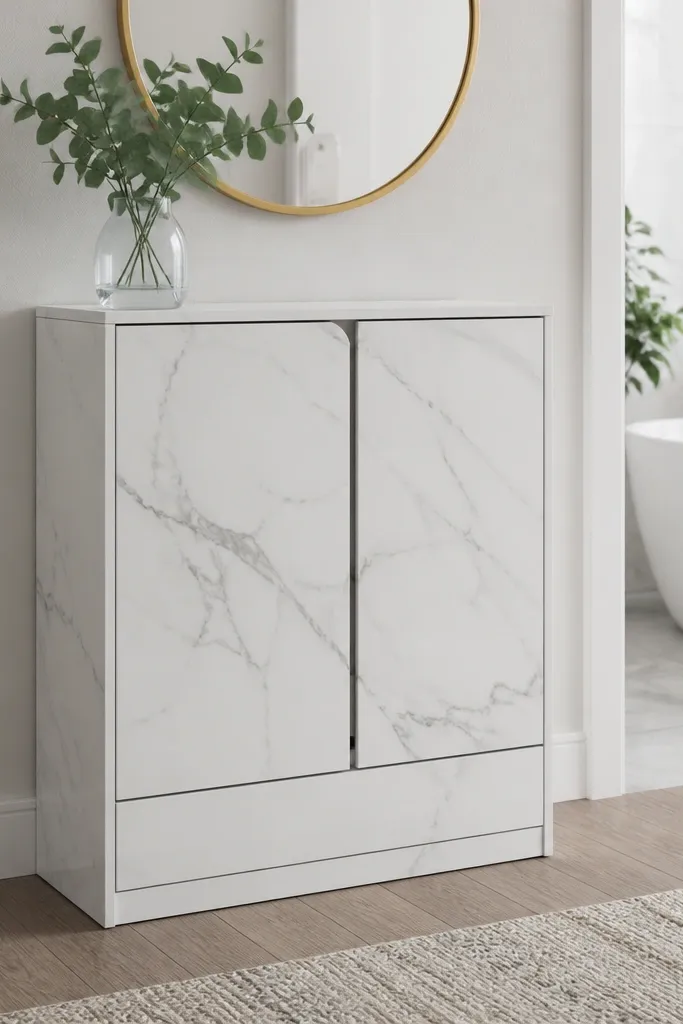 White cabinet with marble-look top and a bottom drawer for shoe accessories