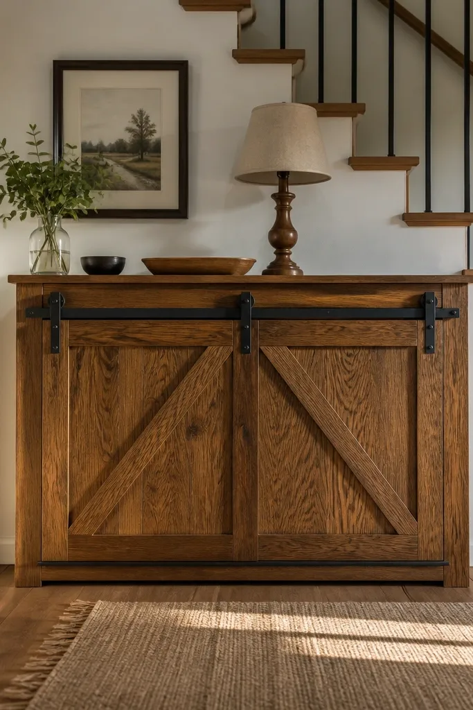 Oak framed cabinet with two sliding barn doors hiding shoe storage