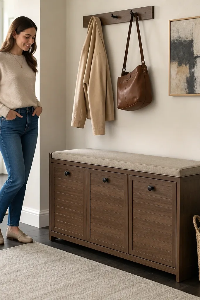 Shoe cabinet with lift shelves and a bench-like top surface