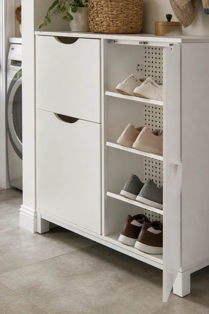 White cabinet with perforated back panel and hidden shoe compartments