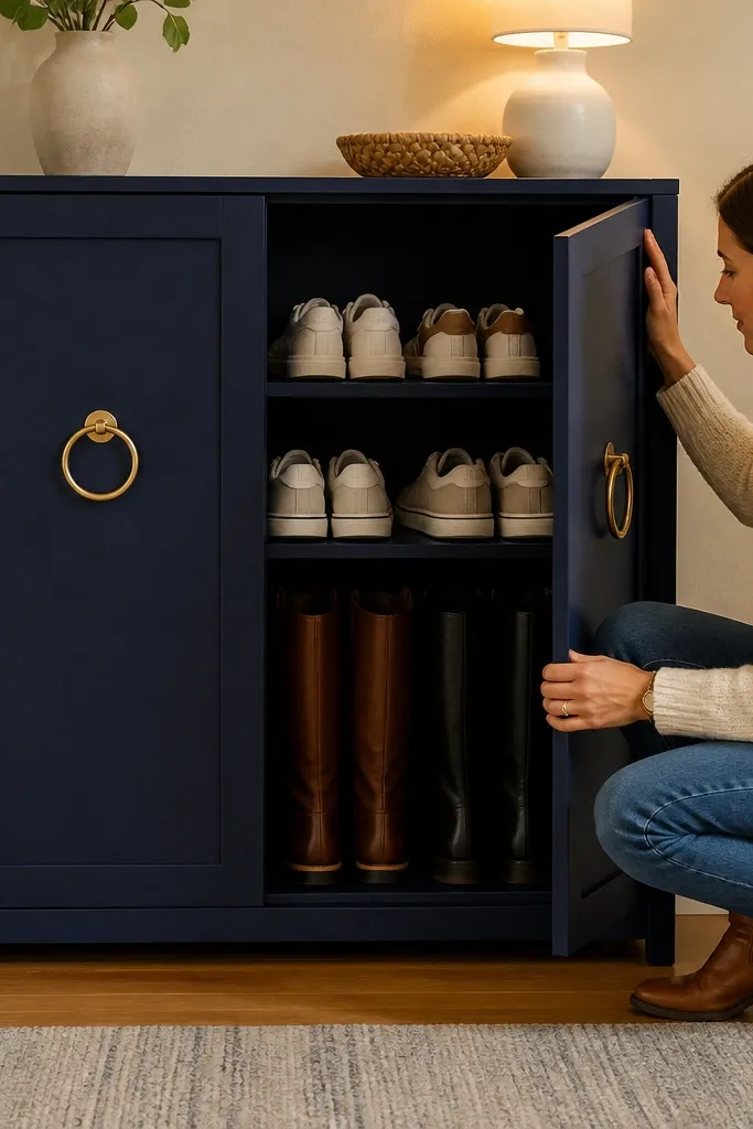 Navy blue cabinet with brass ring pulls and hidden shoe shelves