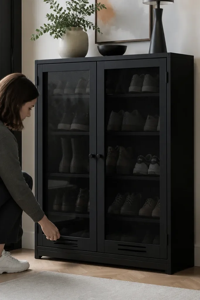 Matte black cabinet with smoke glass doors and subtle vent slots inside