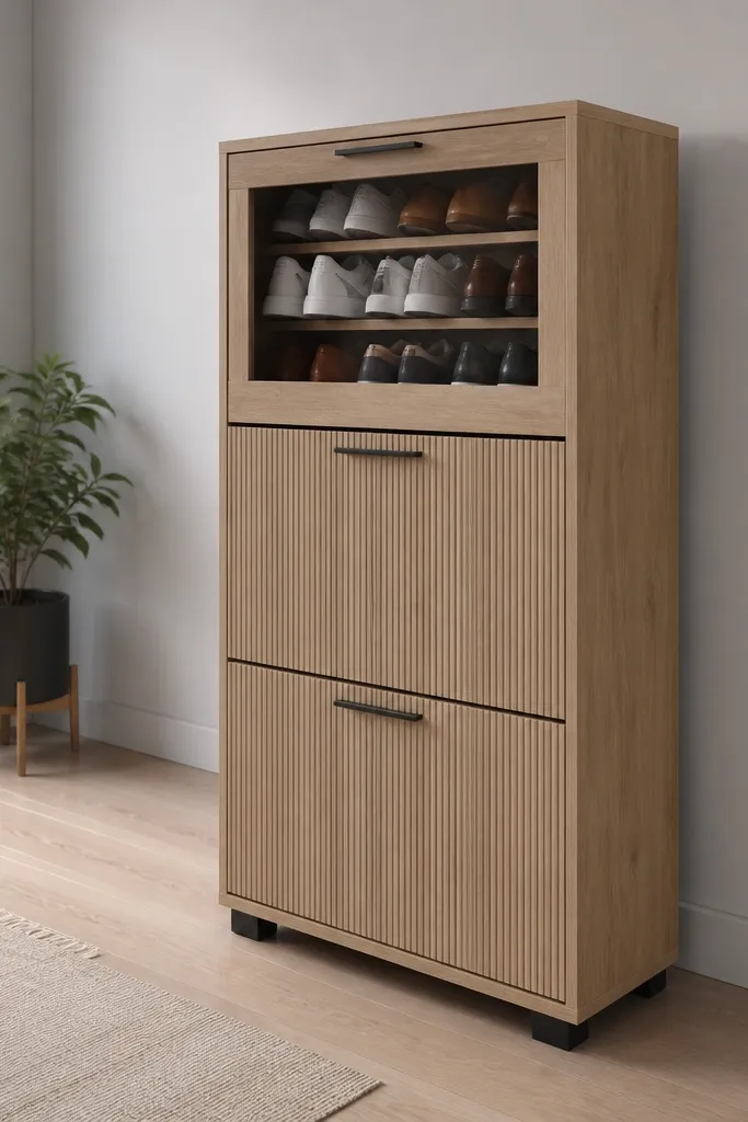 Shoe cabinet with two vertical stacks and slanted top shelves behind doors