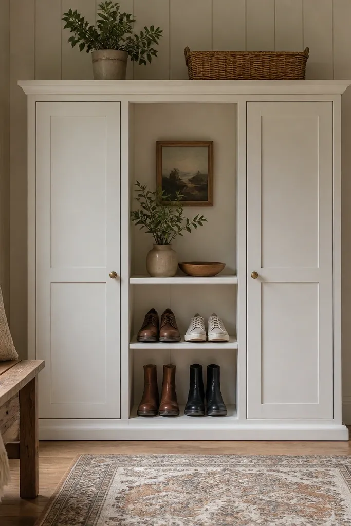 White cabinet with tall side panels and doors that hide most shoes