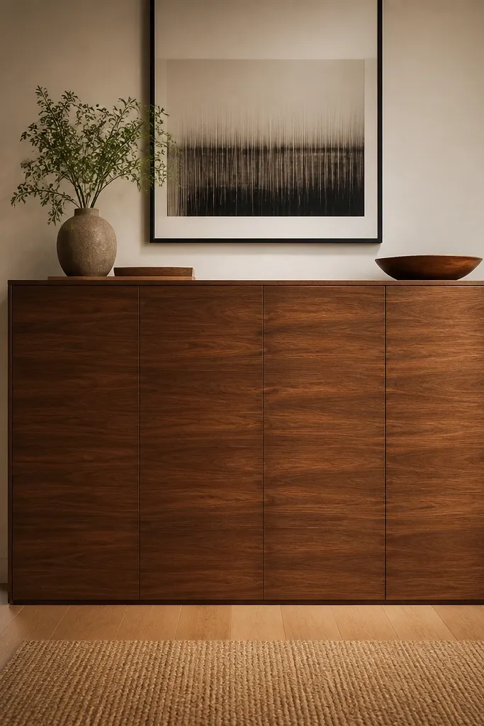 Walnut slab cabinet doors with hidden hinges hiding shoe storage