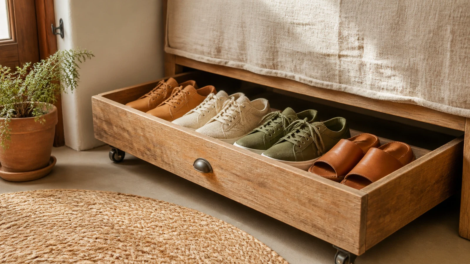 A shallow rolling drawer on casters filled with shoes, sliding out from under a bed with a linen skirt.