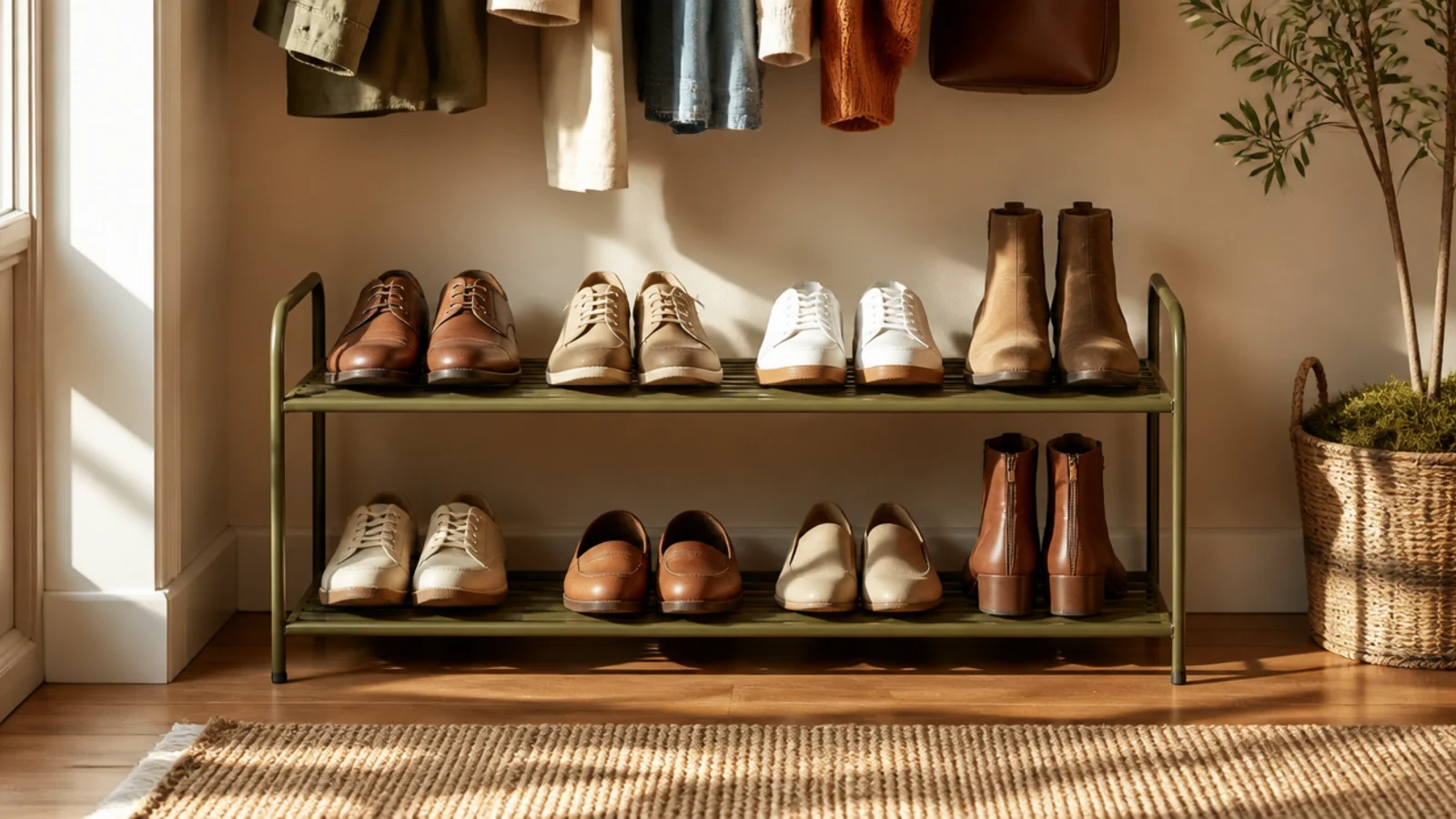 A two-tier metal shoe rack standing on the closet floor beneath hanging clothes, holding a row of shoes.