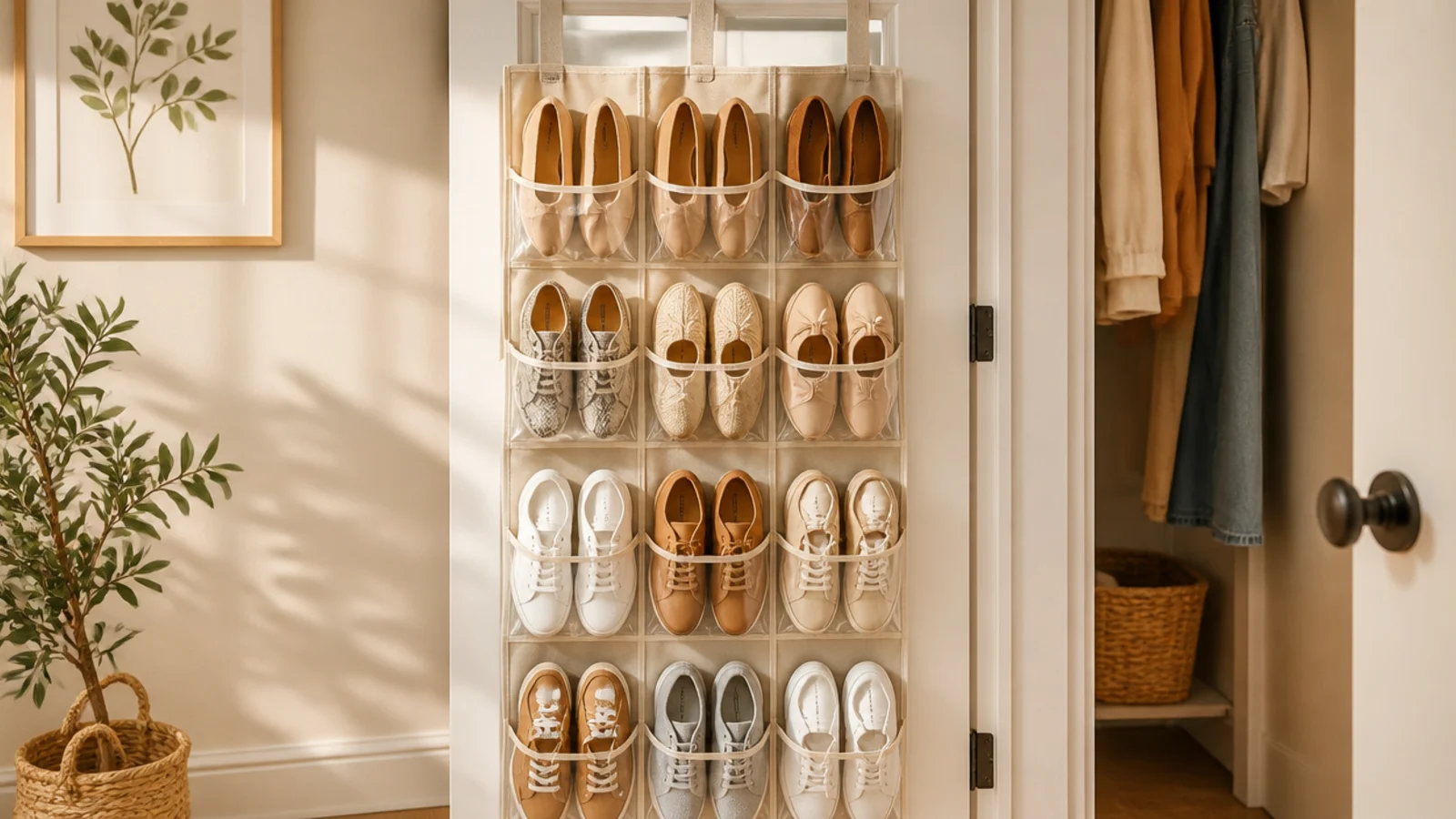 A clear-pocket organizer hanging on the back of a closet door, filled with flats and sneakers.
