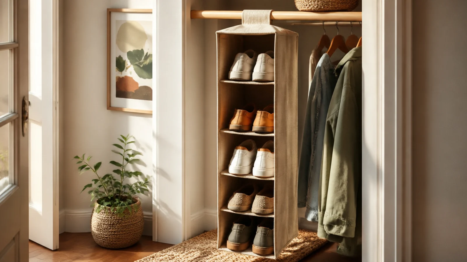 A vertical fabric hanging organizer with shoe compartments suspended from the closet rod, holding several pairs.