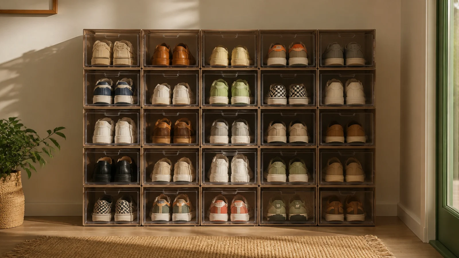 A wall of clear plastic drop-front shoe boxes stacked in a closet, each showing a pair inside.