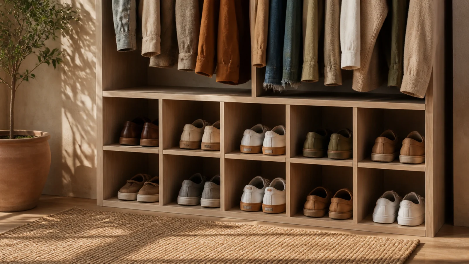 A row of built-in cubbies along the base of a wardrobe, each square holding a pair of shoes below hanging clothes.