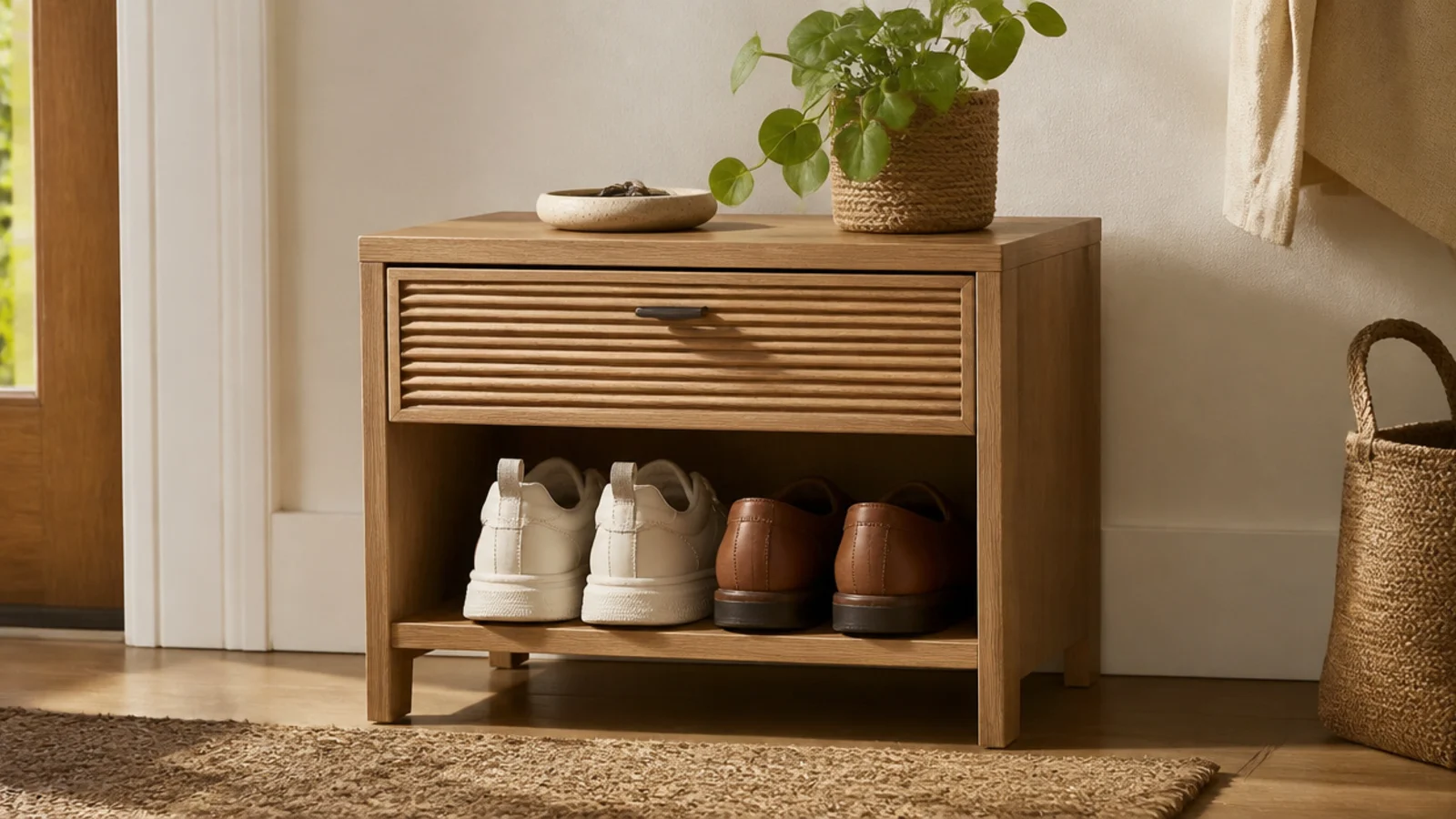 A slim bedside nightstand with an open lower shelf holding two pairs of shoes beside the bed.