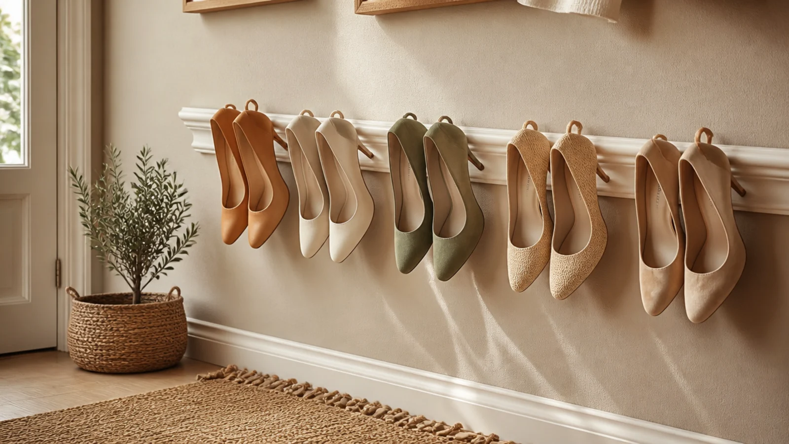 A length of crown molding mounted on a closet wall, high heels hooked over the lip in a neat row.