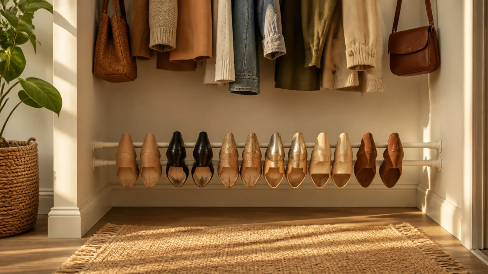 Two tension rods mounted low across a closet with heels hooked over the front rod in a row.