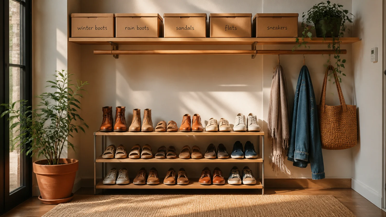 Labeled shoe boxes lined along the high top shelf of a closet, storing off-season pairs out of the way.