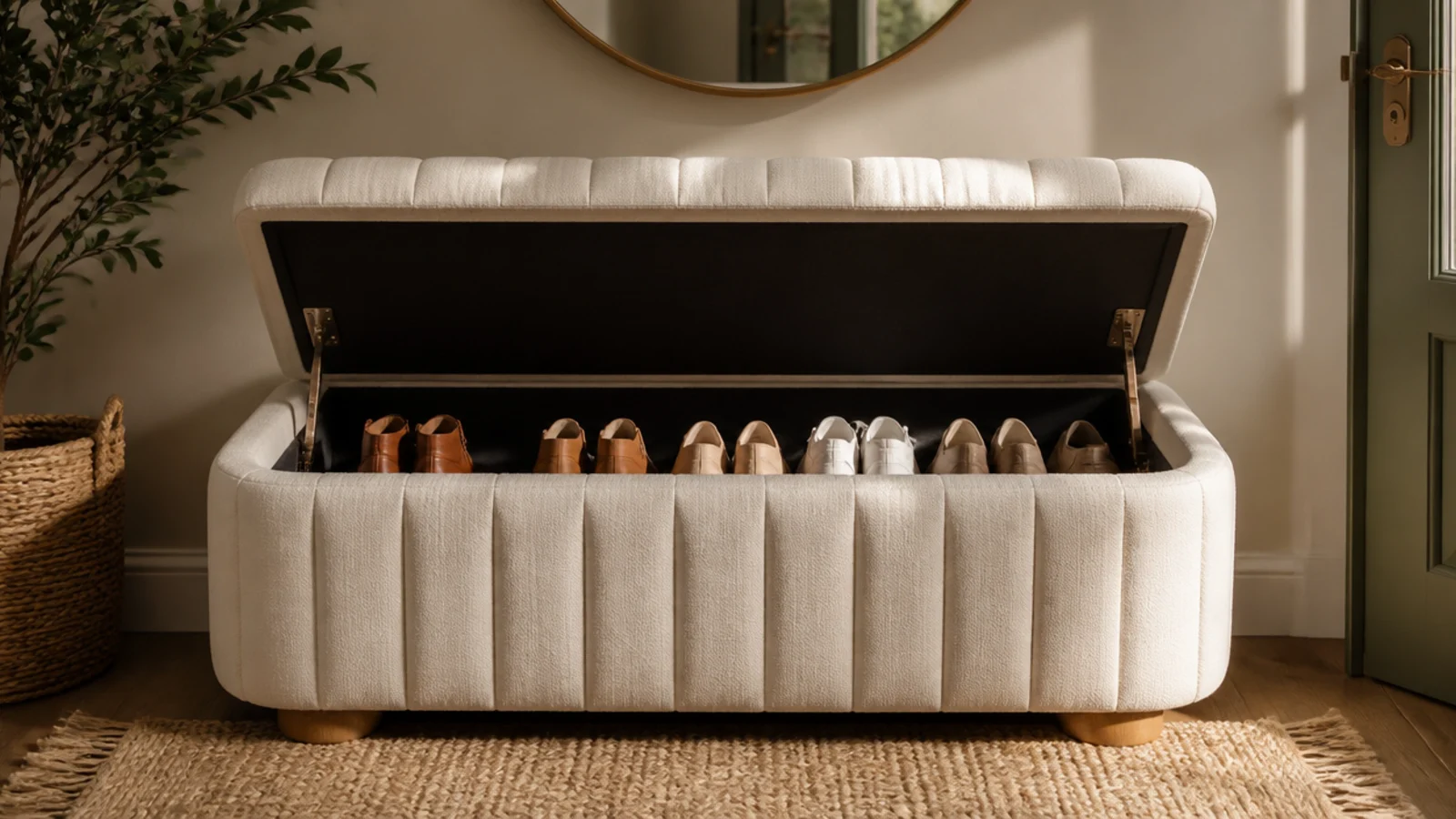An upholstered storage bench at the foot of a bed with the lid open showing shoes stored inside.