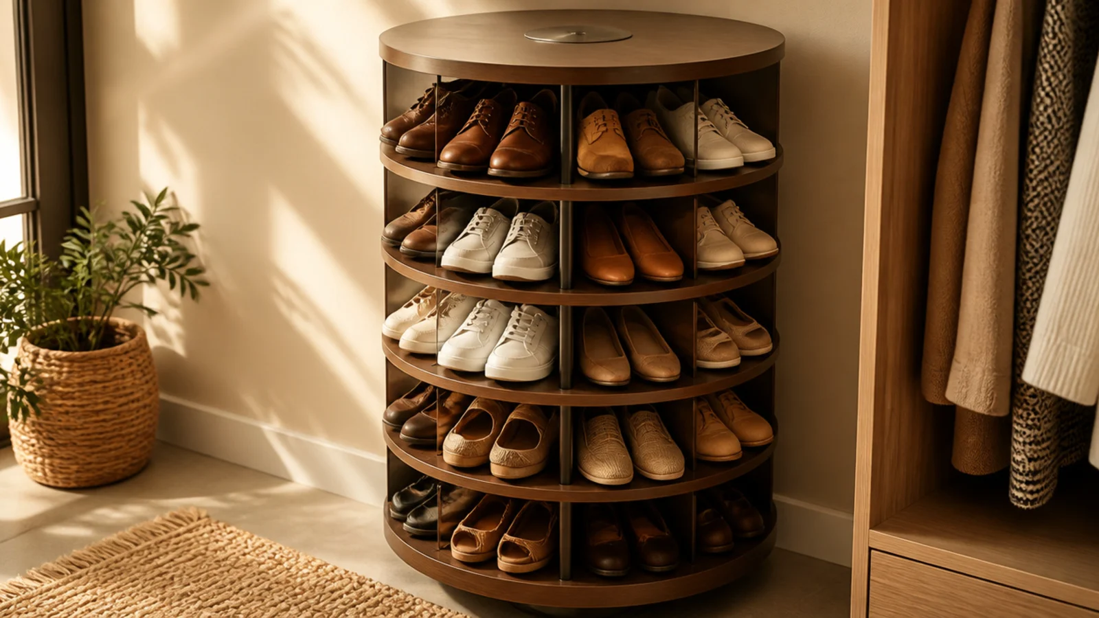 A rotating tiered shoe carousel tucked into the corner of a walk-in closet, holding many pairs on spinning tiers.