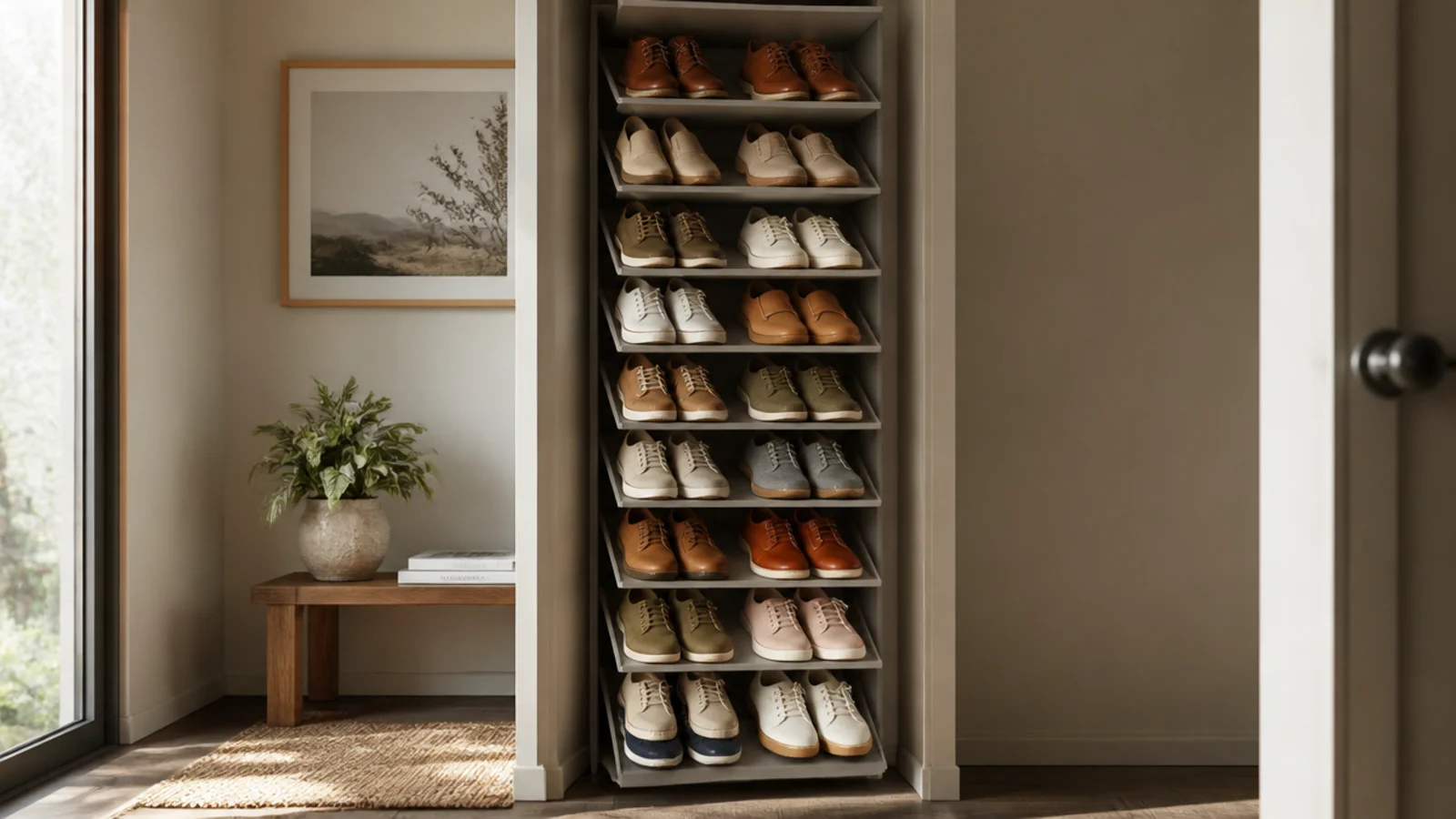 A tall narrow shoe tower filling the closet floor-to-rod height, holding many pairs on angled shelves.