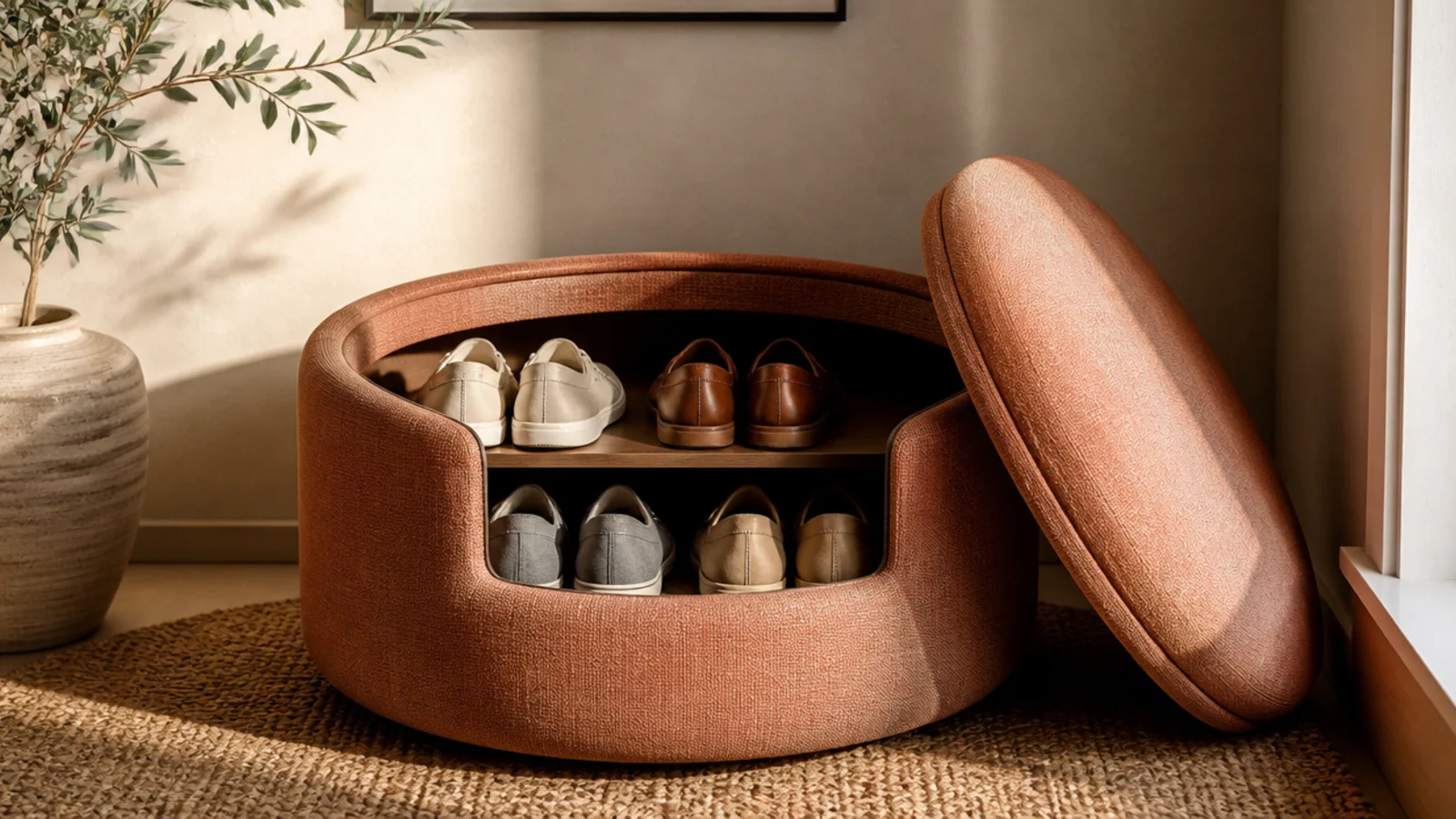 A round upholstered ottoman with a removable lid revealing shoes stored inside, sitting in a bedroom corner.