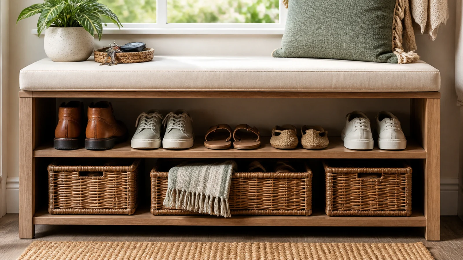 A cushioned bench under a bedroom window with an open shoe shelf or baskets beneath the seat.