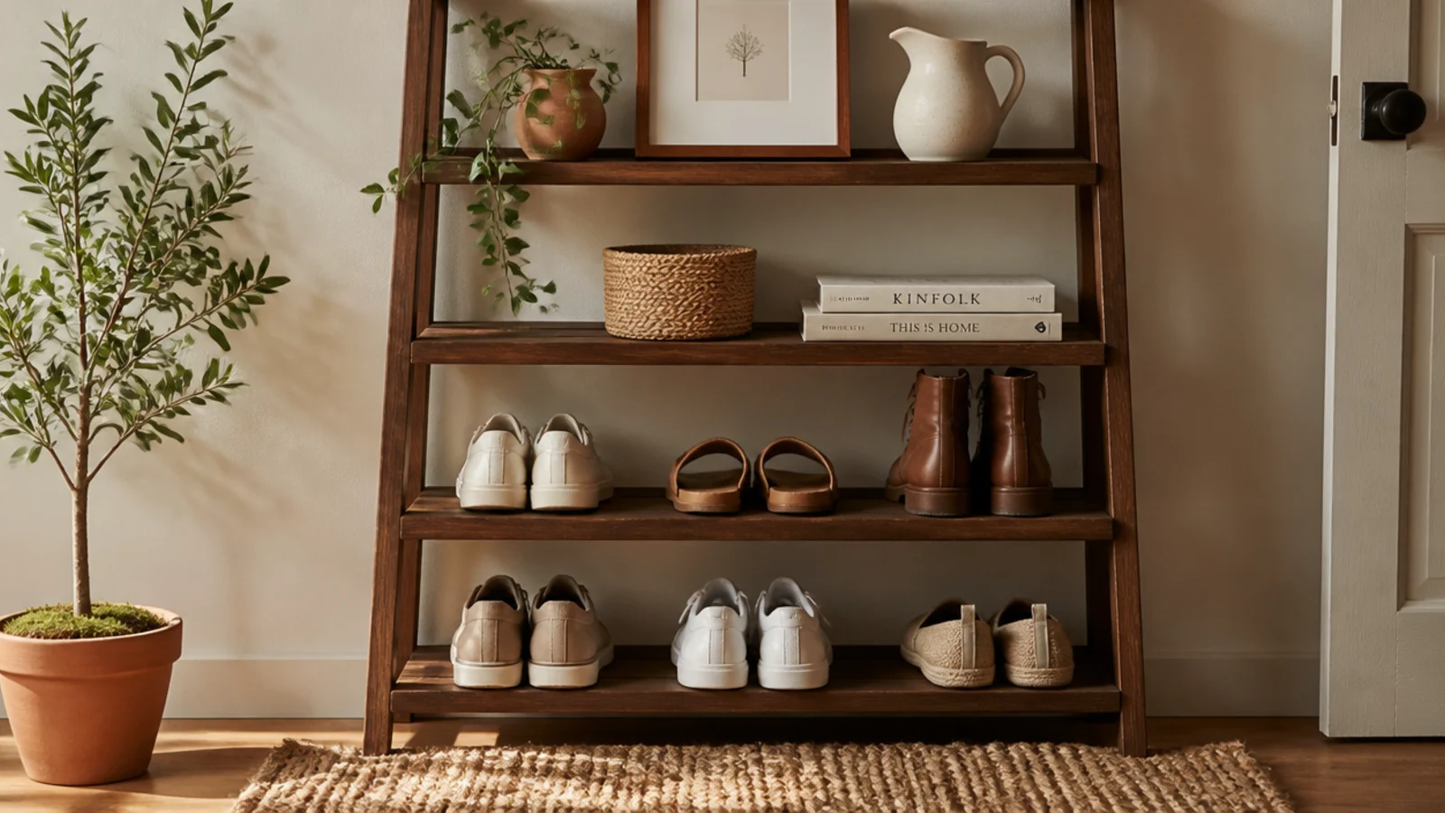 A leaning ladder shelf in a bedroom corner with lower rungs holding shoes and upper shelves holding decor.