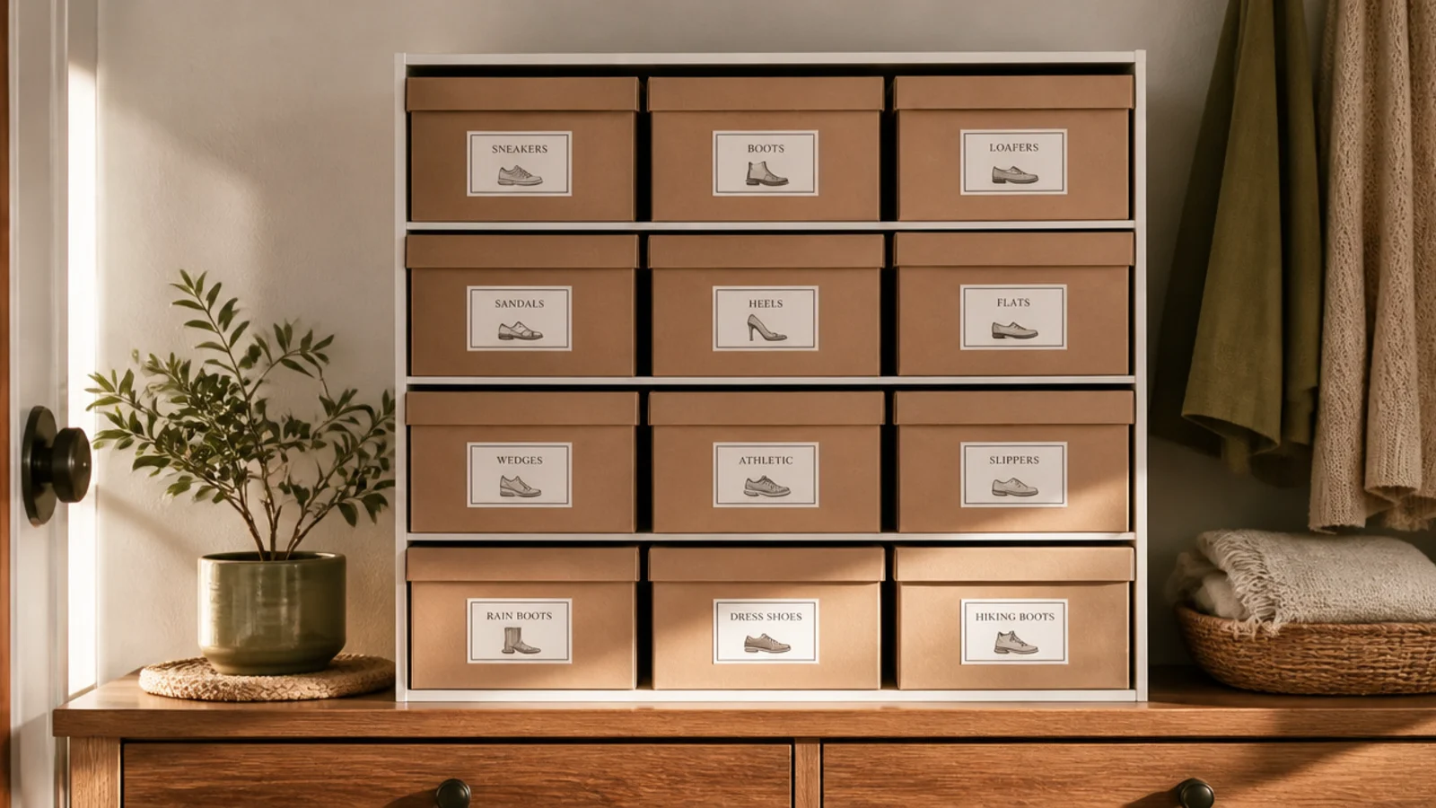 A neat stack of matching labeled cardboard shoe boxes on a dresser or shelf, each labeled with its contents.