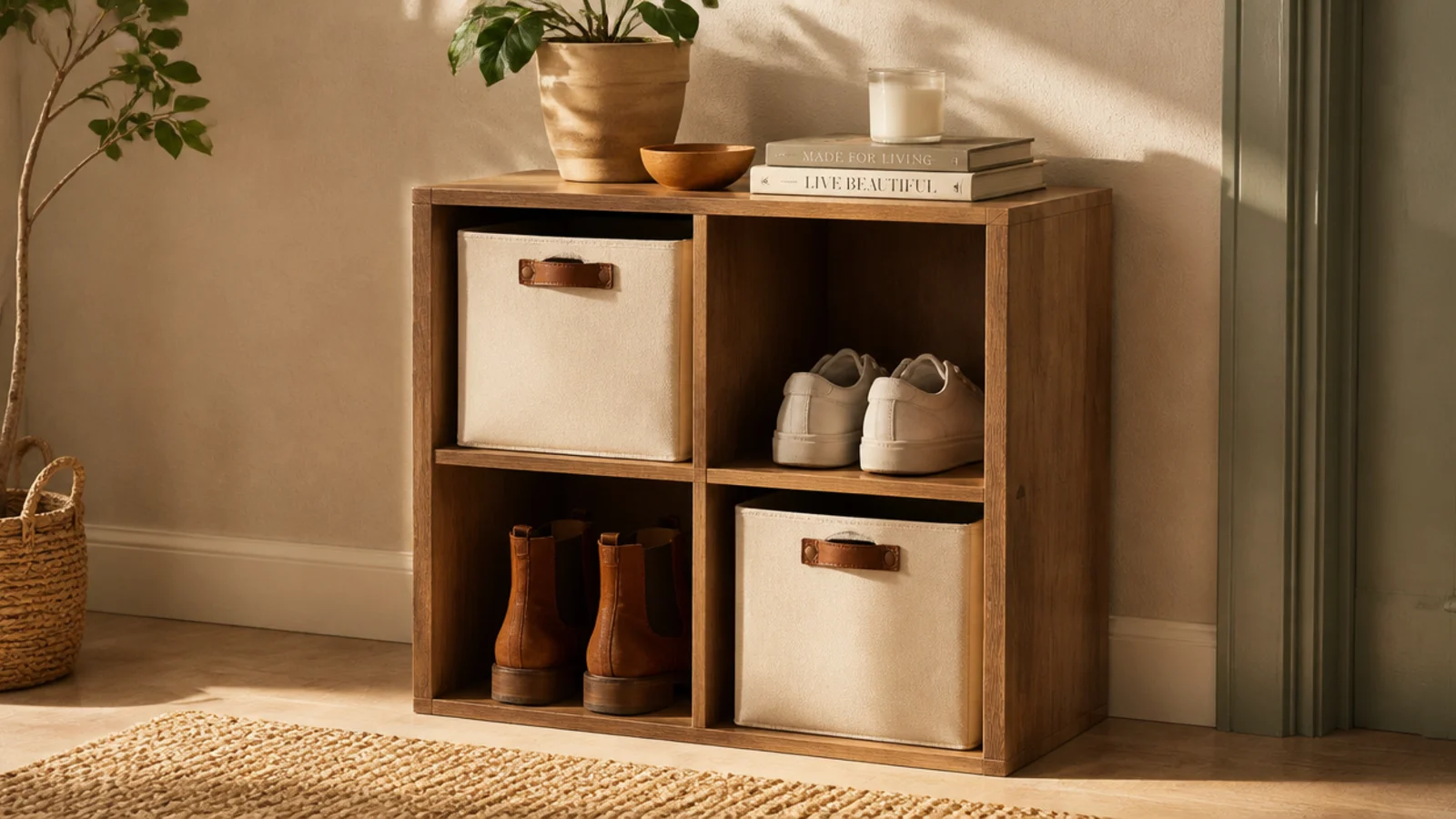 A small four-cube organizer used as a bedside table, some cubes holding shoes and others holding bins.
