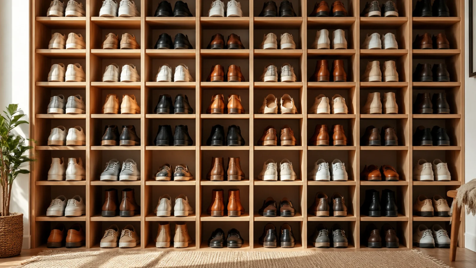 A full wall of built-in shoe cubbies in a walk-in closet, each square holding a single pair, floor to shoulder height.