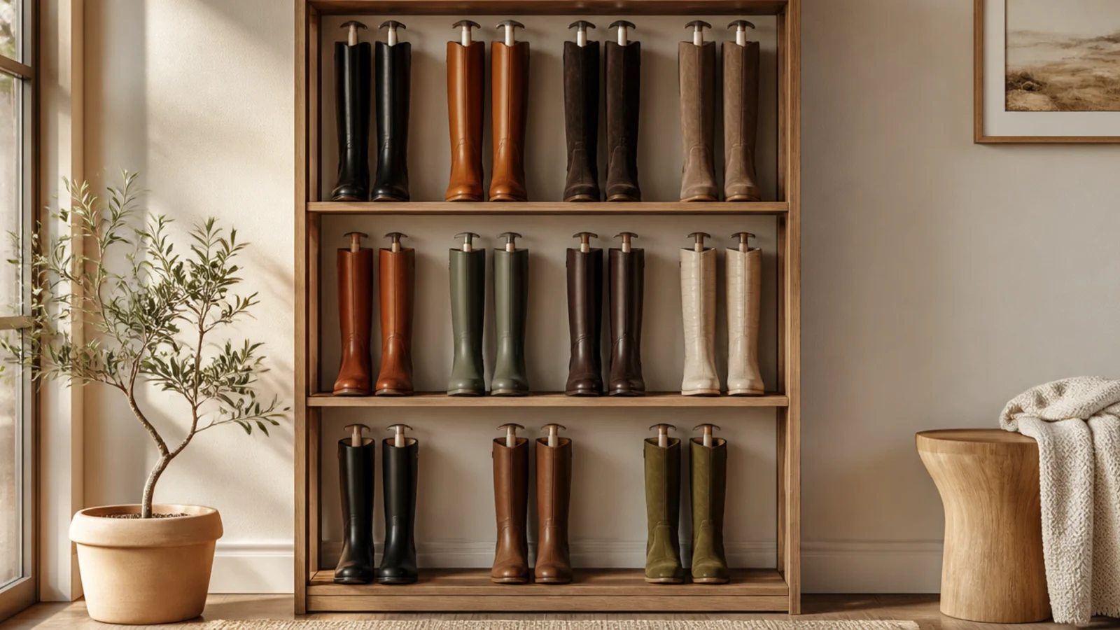 A tall closet shelf holding upright knee boots kept standing with boot shapers inside their shafts.
