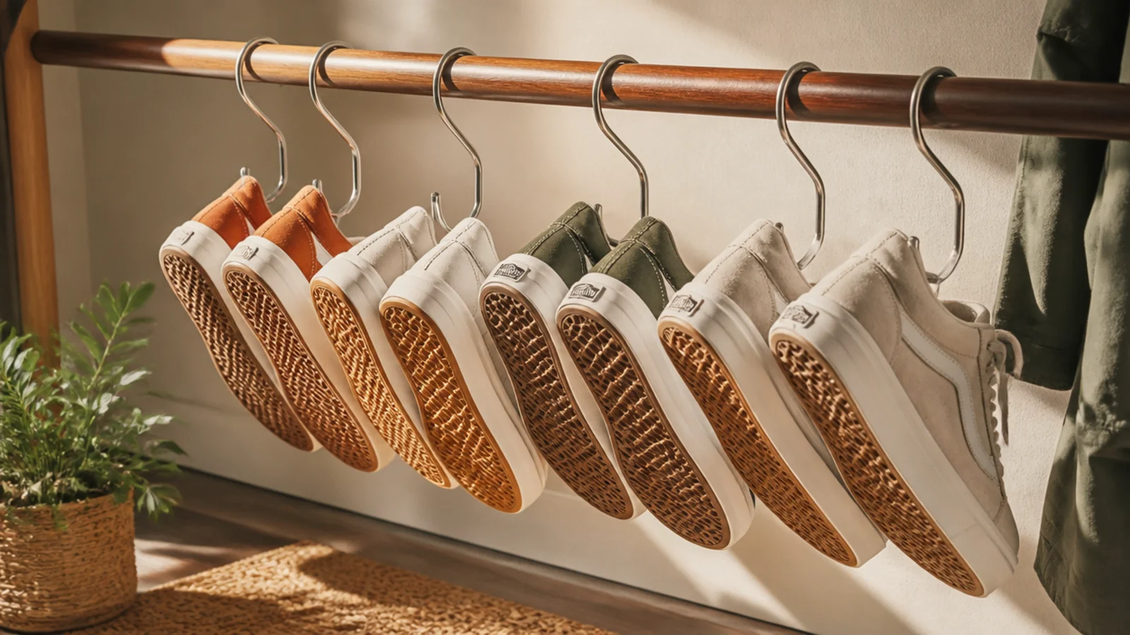 Metal hooks draped over a closet rod holding sneakers by their heels in a hanging row.