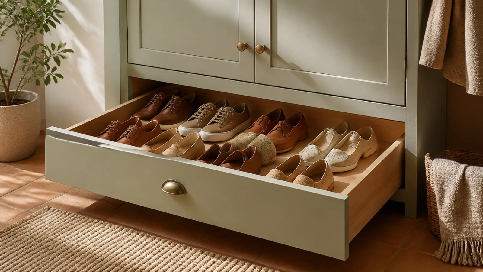 A wide pull-out drawer at the base of a closet gliding open to reveal shoes laid out in rows.