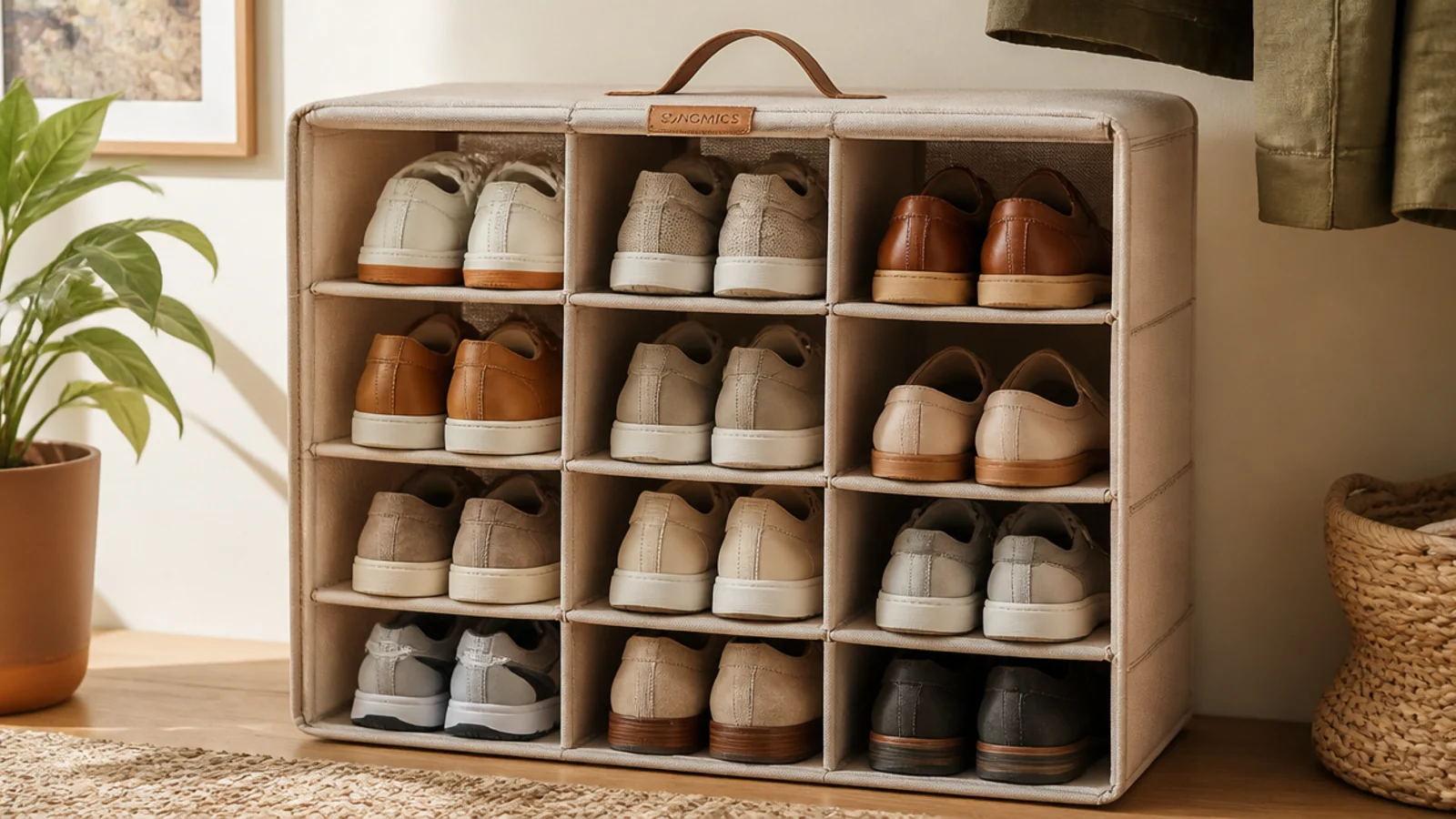 A collapsible fabric cubby organizer sitting on a closet shelf with pairs of shoes in each soft compartment.