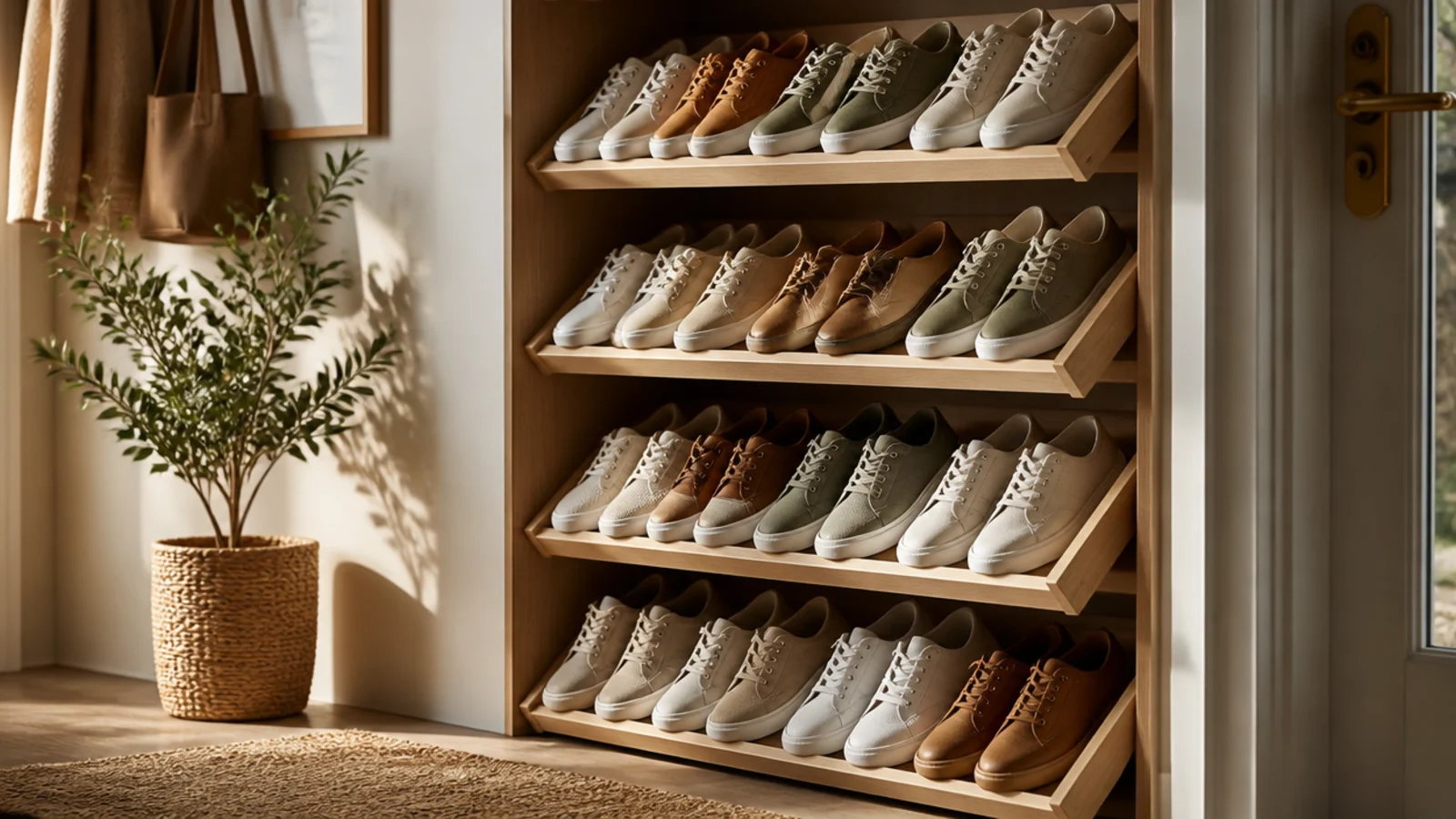 A row of slanted wall shelves in a closet displaying shoes tilted toe-up like a boutique.