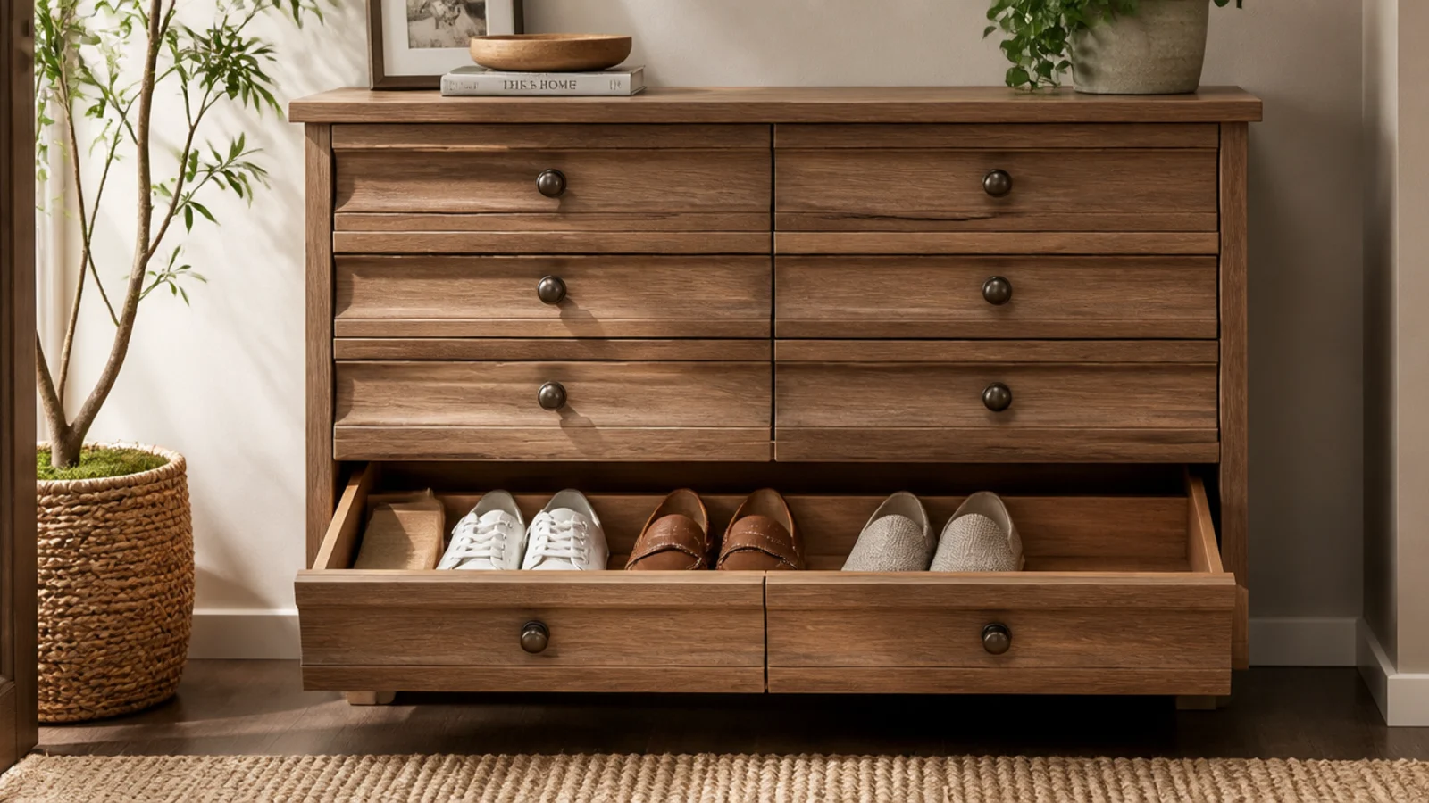 A chest-of-drawers-style shoe dresser with shallow drawers, one open to show pairs stored flat inside.