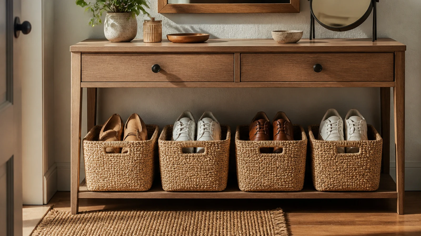 Woven baskets lined up under a bedroom vanity or dressing table, each basket holding a pair of shoes.