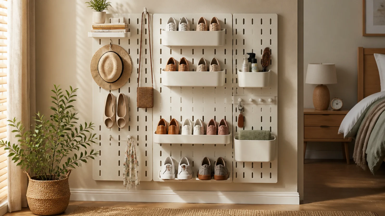A wall-mounted grid panel with small bins and hooks holding shoes and accessories in a bedroom corner.