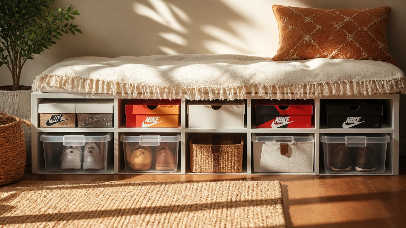 A bed raised on risers with a row of shoe boxes and bins slid neatly into the extra clearance underneath.